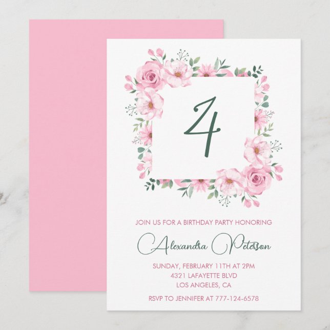 Convites de 4º aniversário elegantes Floral Rosa (Frente/Verso)