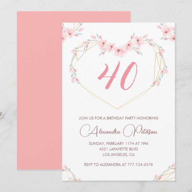 convites de 40º aniversário Boho Floral Elegante (Frente/Verso)