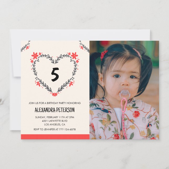 convites de 5º aniversário para ela Floral Heart (Frente)