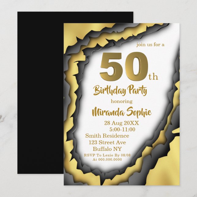 Convites de 50º aniversário a Preto e Dourado Agat (Frente/Verso)