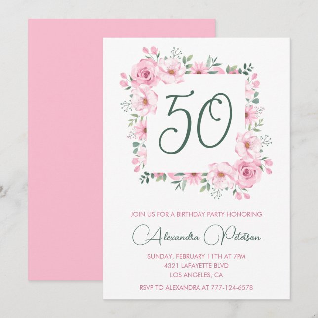convites de 50º aniversário Floral Elegante Rosa (Frente/Verso)