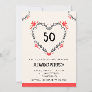 convites de 50º aniversário para ela floral coraçã
