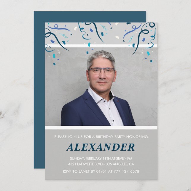 Convites de 50 anos Men Confetti Photo Blue (Frente/Verso)