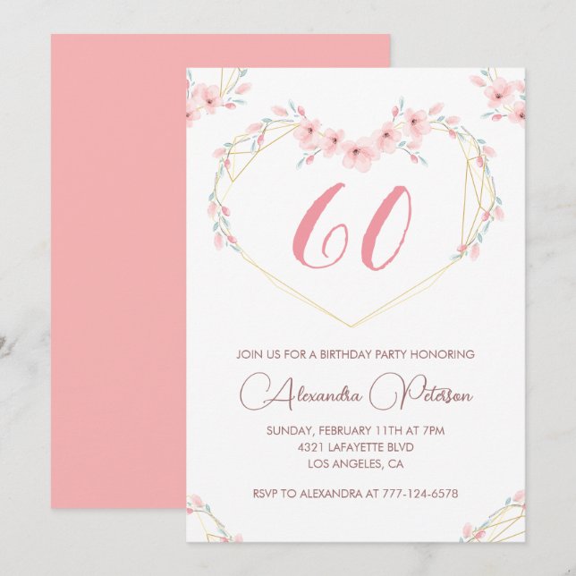 Convites de 60º aniversário elegantes Floral Rosa (Frente/Verso)