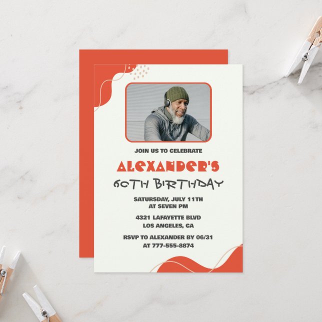 Convites de 60 anos Men Red Simple Photo (Frente/Verso In Situ)