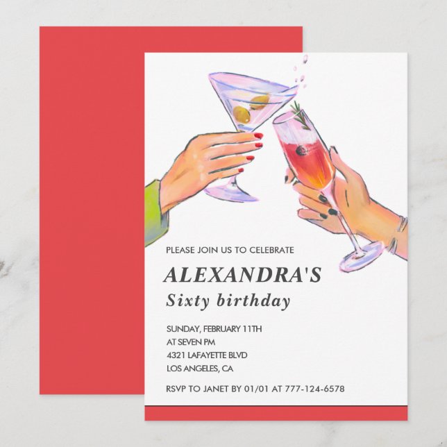 convites de 60 anos para ela Festa de Cocktail Div (Frente/Verso)