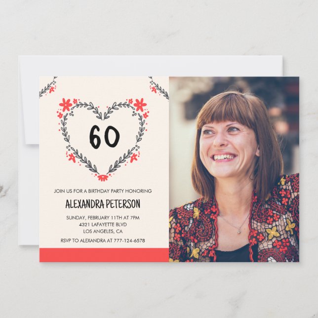 convites de 60 anos para ela Floral Heart (Frente)