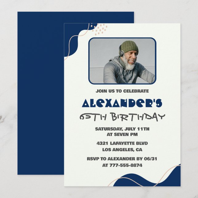 Convites de 65 anos Men Blue Simple Photo (Frente/Verso)