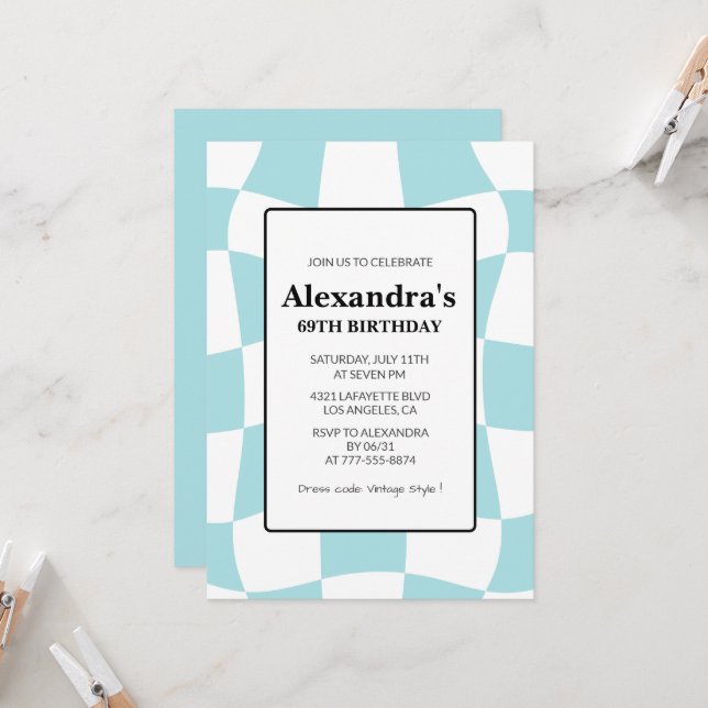 Convites de 69 anos Azuis Checkered Retro (Frente/Verso In Situ)