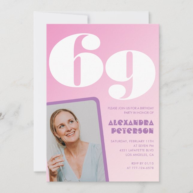 Convites de 69 anos rosa Foto retroativa (Frente)