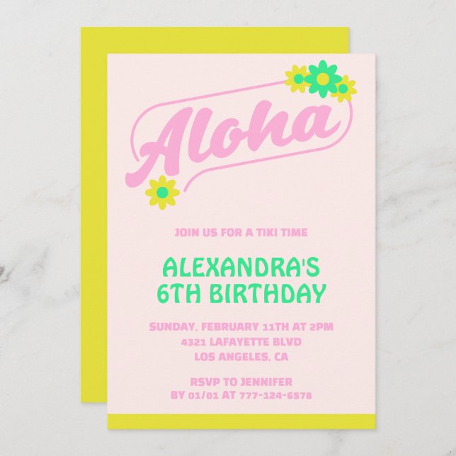 Convites de 6 de aniversário Tropical Aloha Rosa (Frente/Verso)