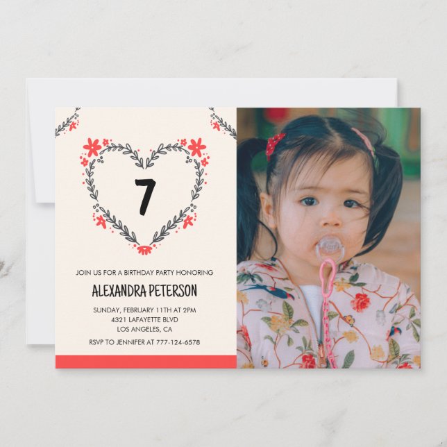 convites de 7º aniversário para ela Floral Heart (Frente)