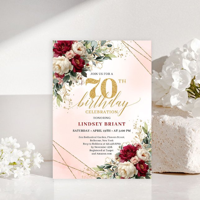 Convites de 70º Aniversário Florais em Ouro Simple (Simple Elegant Gold Floral 70th Birthday Invitation)
