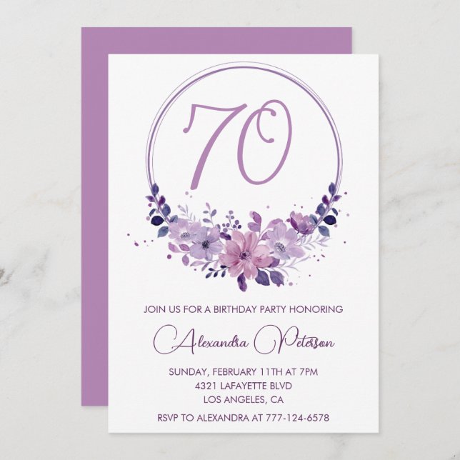 Convites de 70 de aniversário elegantes Roxo Flora (Frente/Verso)
