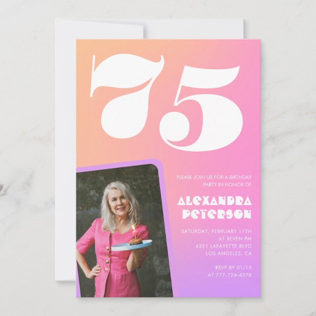 Convites de 75 anos cor-de-rosa para sua Foto Retr (Frente)