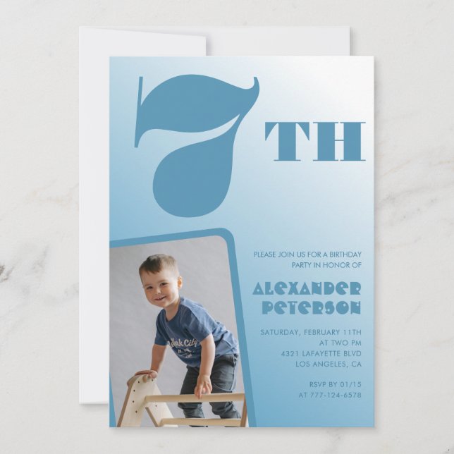 Convites de 7 de aniversário para Menino Foto Azul (Frente)