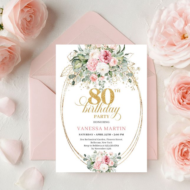 Convites de 80º Aniversário Florais Rosa Elegante  (Elegant Minimal Blush Floral 80th Birthday Invitation

)