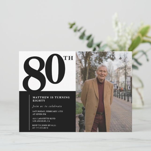 Convites de 80º aniversário preto Elegante Chique (Em pé/Frente)