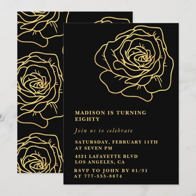 Convites de 80º aniversário preto floral dourado (Frente/Verso)