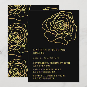 Convites de 80º aniversário preto floral dourado