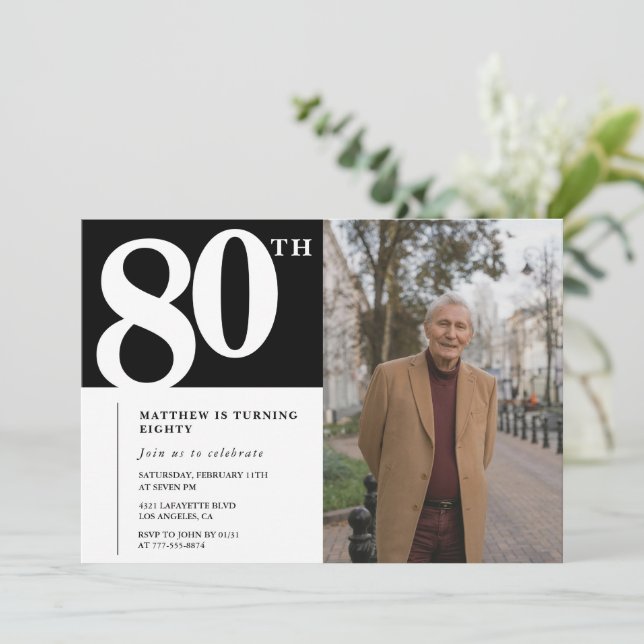 Convites de 80º aniversário preto Moderno Chic Fot (Em pé/Frente)