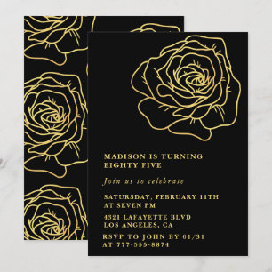 Convites de 85º aniversário preto com floral doura