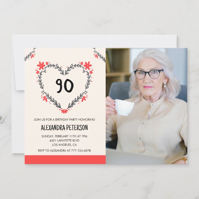 convites de 90º aniversário para ela Floral Heart (Frente)