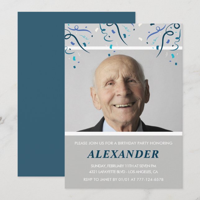 convites de 90 anos homens confete foto azul marin (Frente/Verso)
