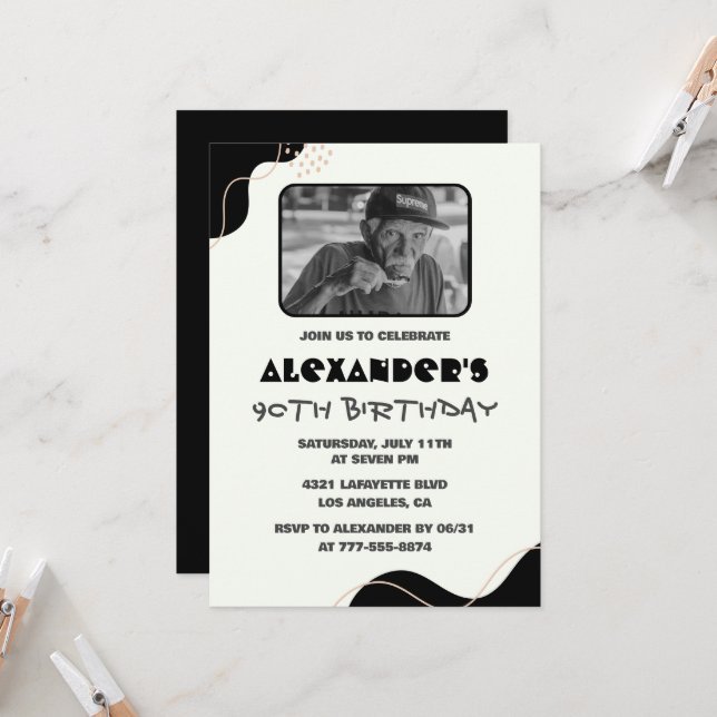 Convites de 90 de aniversário Pretos — Foto Simple (Frente/Verso In Situ)