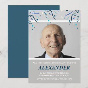 convites de 95 anos homens confete foto azul marin