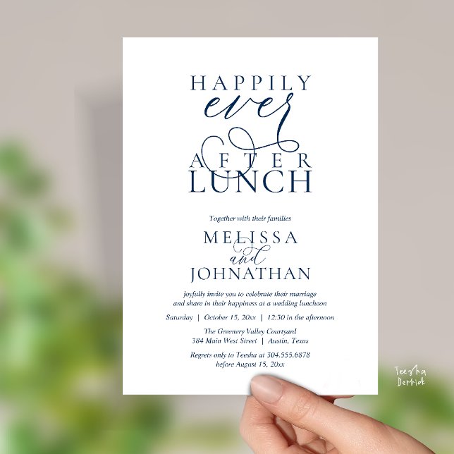 Convites de Almoço de Casamento, Felizes para Semp (Wedding Lunch Invites, Elegant Happily Ever After Invitation Card in Navy Blue)