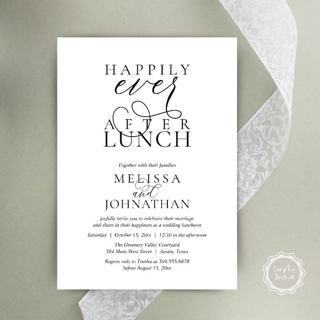 Convites de Almoço de Casamento, Felizes para Semp (Wedding Lunch Invites, Elegant Happily Ever After Invitation Card in Black and White)