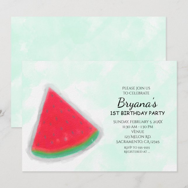 Convites de Aniversário Aquarela de Melancia (Frente/Verso)