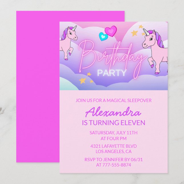 Convites de Aniversário Arco-íris Unicórnio para M (Frente/Verso)