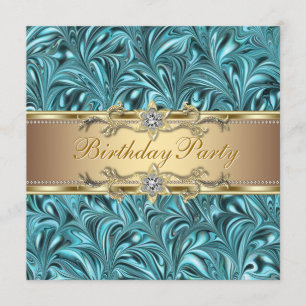 Convites de Aniversário Azul Teal Dourado
