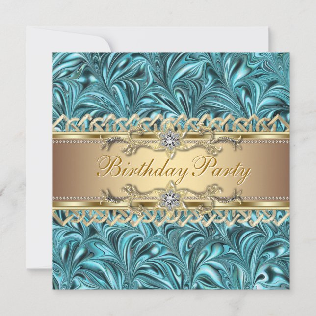 Convites de Aniversário Azul Turquesa Dourado (Frente)