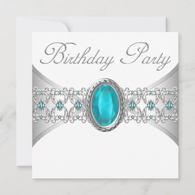 Convites de Aniversário Azul Turquesa Prata (Frente)