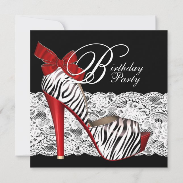 Convites de Aniversário Black Red Zebra (Frente)