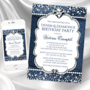 Convites de Aniversário Brilho de Denim e Diamante