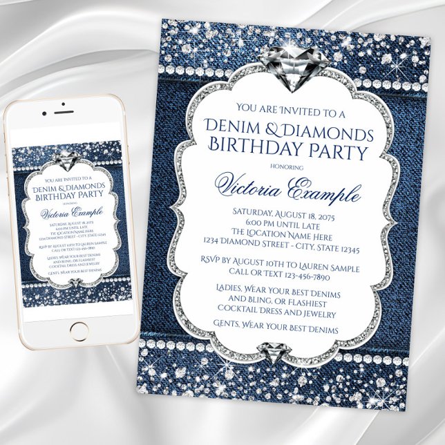 Convites de Aniversário Brilho de Denim e Diamante (Denim diamond birthday invitation. Instant download and printed invitations available.)