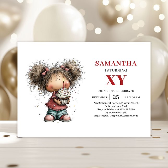 Convites de Aniversário Caprichosos para Menina Bo (Funky Cute Little Girl Whimsical Birthday Invitation

)