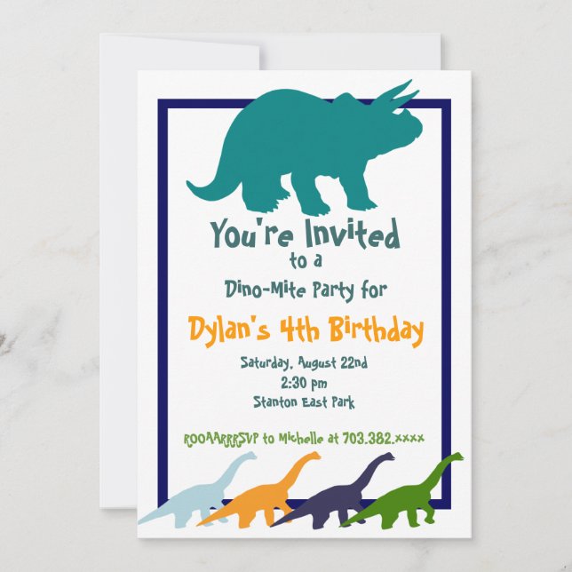 Convites de aniversário Coloridos de Dinossauro (Frente)