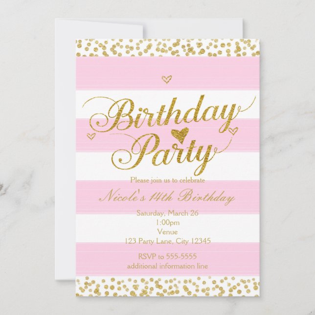 Convites de ANIVERSÁRIO com Coração Rosa Branco &  (Frente)