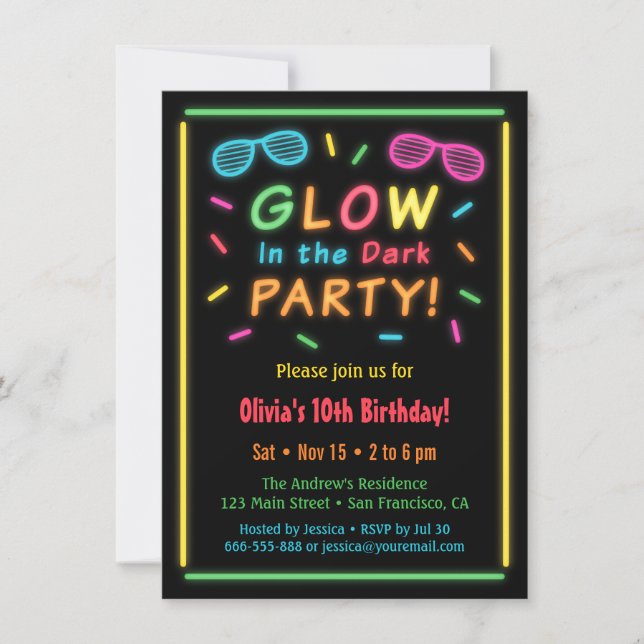 Convites de Aniversário com Efeito de Neon Falso (Frente)