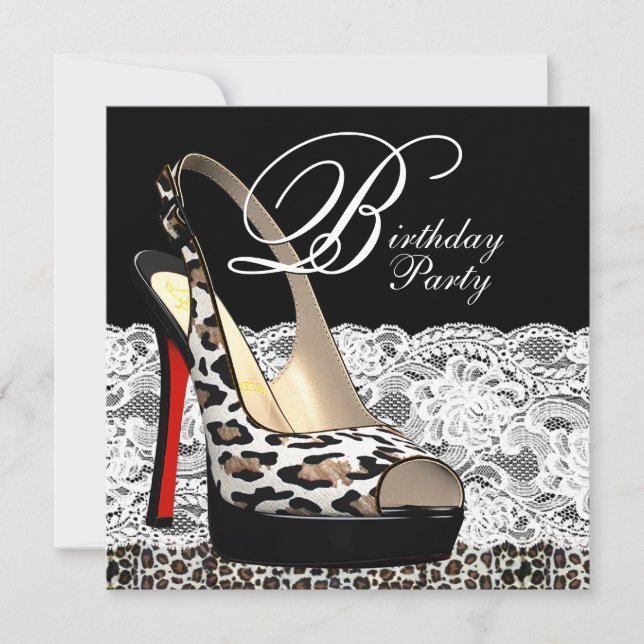 Convites de Aniversário com Renda Branca e Leopard (Frente)