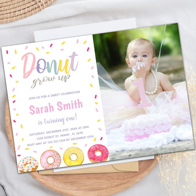 Convites de Aniversário com Rosquinha Rosa Púrpura (Purple Pink Donut Birthday Invitations with photo)