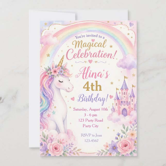 Convites de Aniversário da Menina Unicórnio - Arco (Frente)