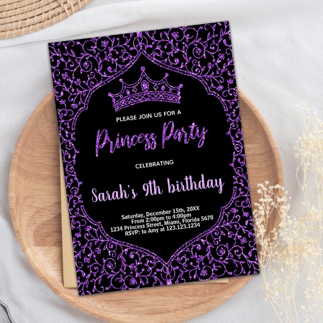 Convites de Aniversário da Princesa Branca Roxa (Purple Glitter White Princess Birthday Invitations)