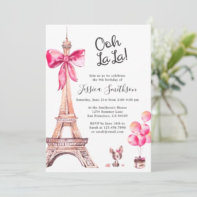 Convites de Aniversário da Torre Eiffel Paris Fofo (Em pé/Frente)