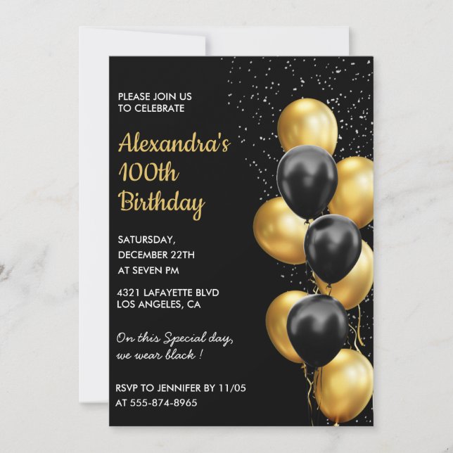 Convites de aniversário de 100 anos preto Dourado  (Frente)